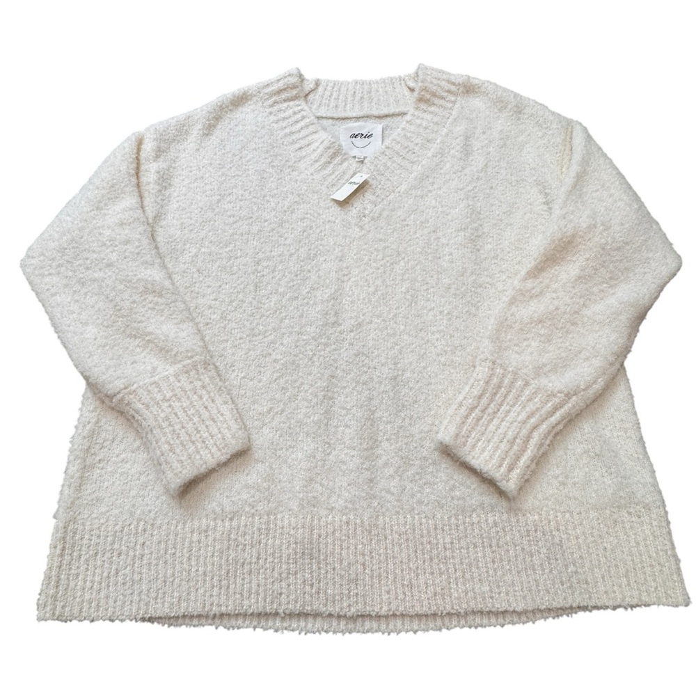 NWT Aerie Women’s Teddy Boucle Oversized V-Neck Sweater White Size Large